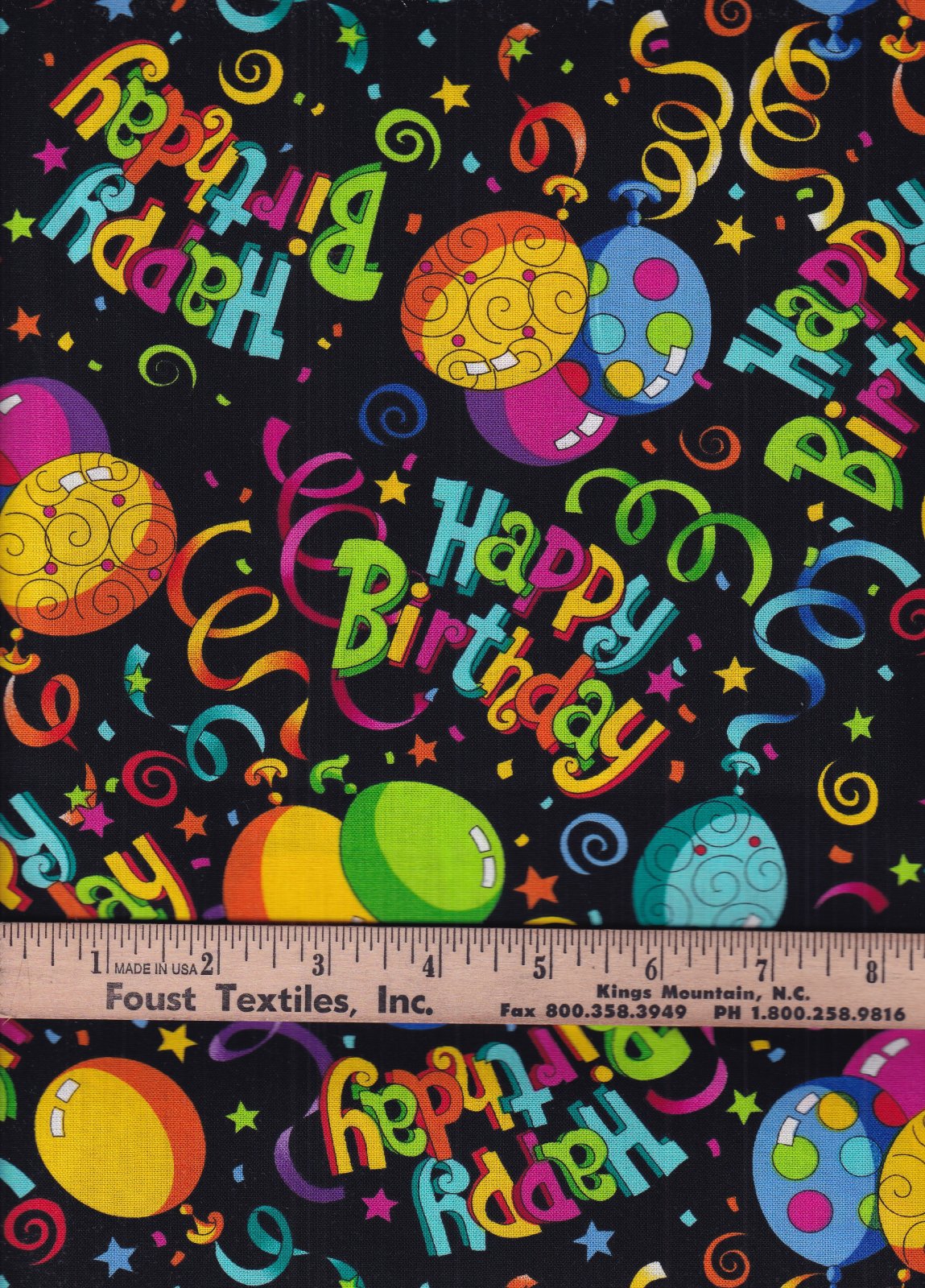 Fabric Traditions Happy Birthday Balloons on Black 100% Cotton Novelty Fabric