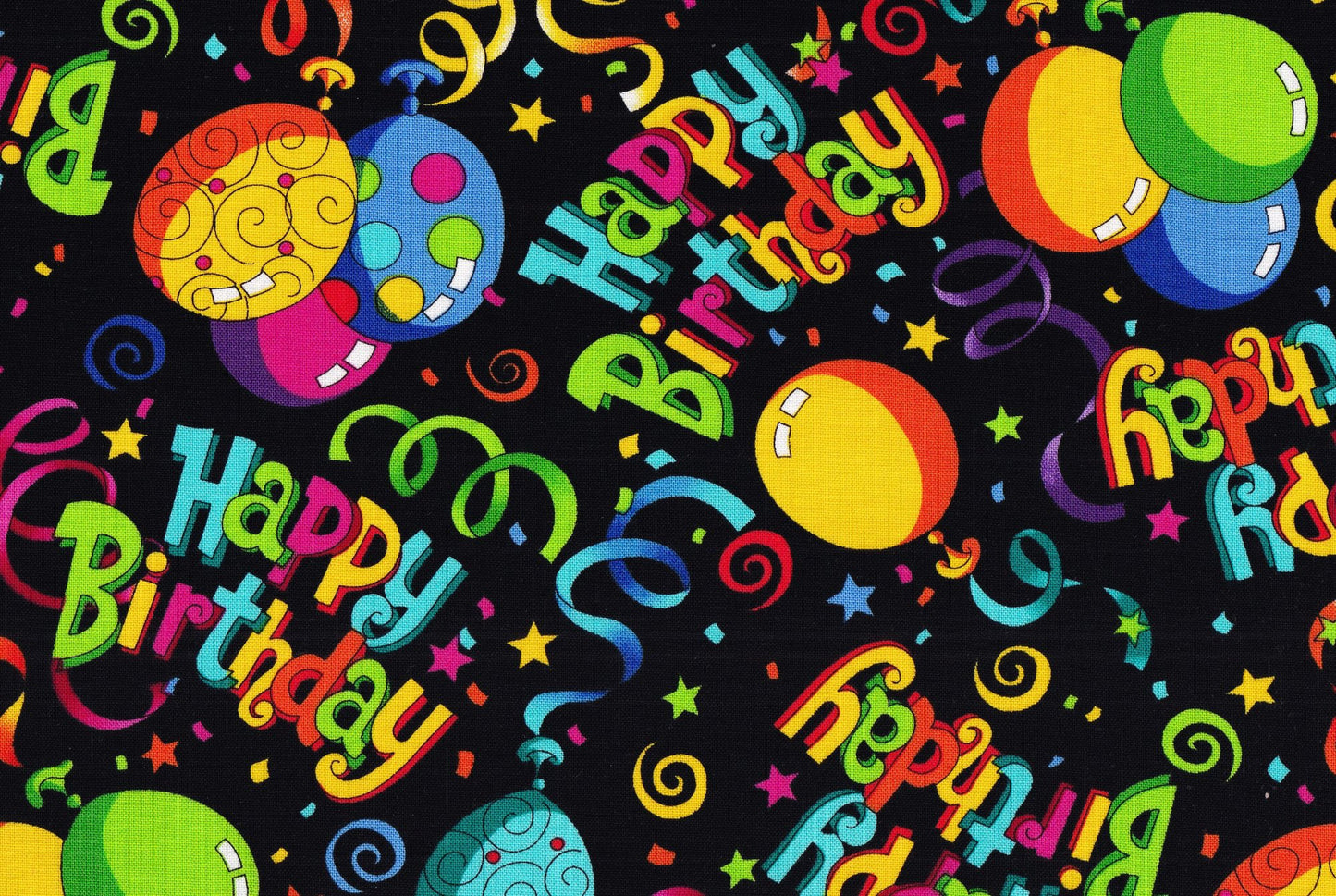 Fabric Traditions Happy Birthday Balloons on Black 100% Cotton Novelty Fabric