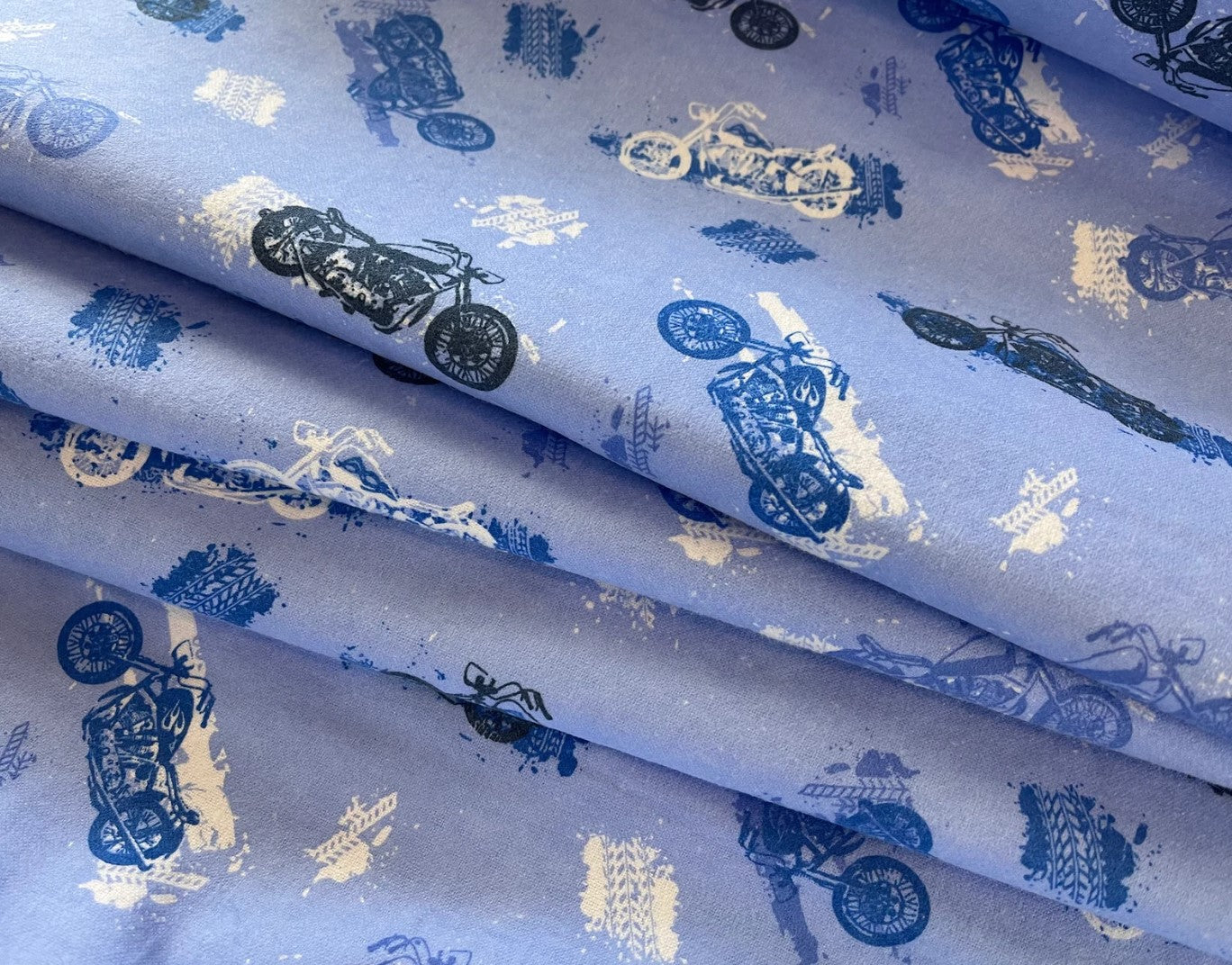 A.E. Nathan Comfy Flannel Motorcycles on Blue Baby Price per Yard
