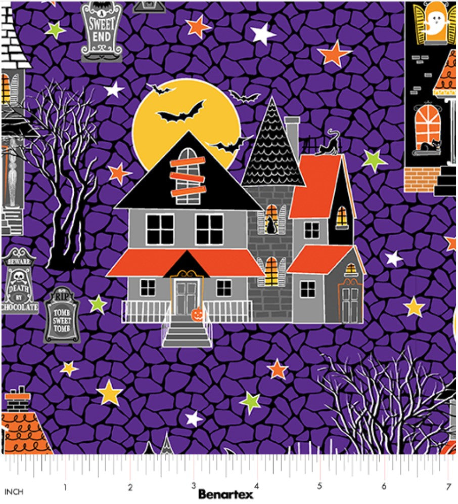Benartex Halloween Glowoween Haunted Houses On Purple Glow in the Dark 100% Cotton Fabric Price per Yard