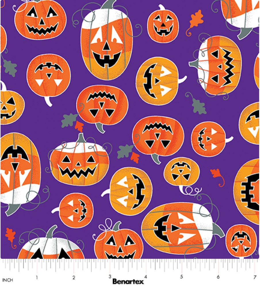 Benartex Halloween Glowoween Pumpkins On Dark Purple Glow in the Dark 100% Cotton Fabric Price per Yard