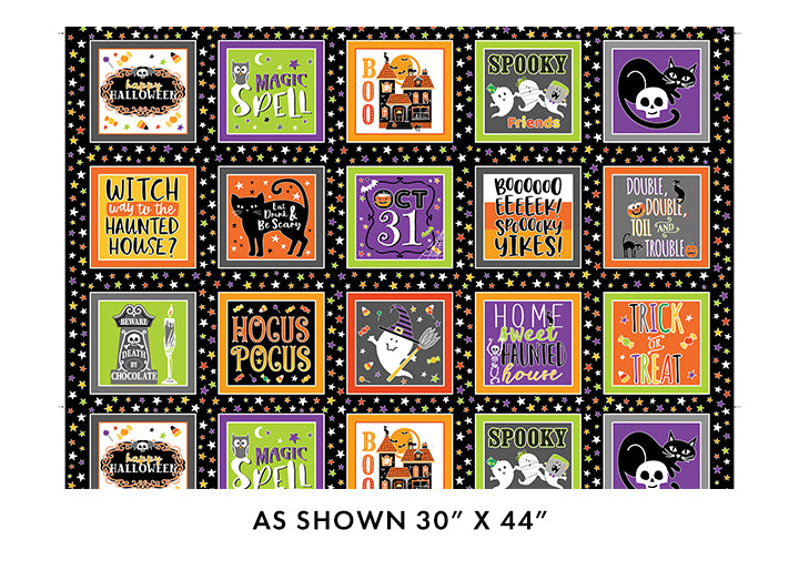 Benartex Halloween Glowoween Boxes On Black Glow in the Dark 100% Cotton Fabric Price per Panel