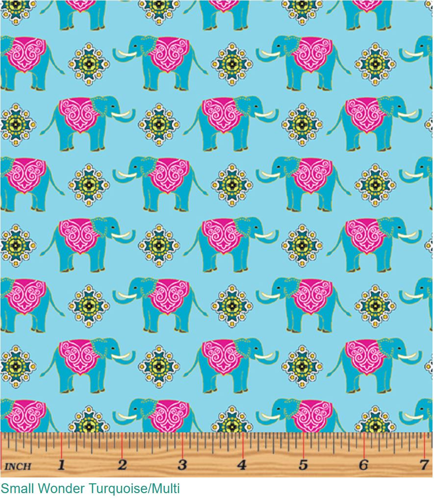 44 x 36 Small Elephants on Turquoise Metallic Benartex 100% Cotton All Over Print