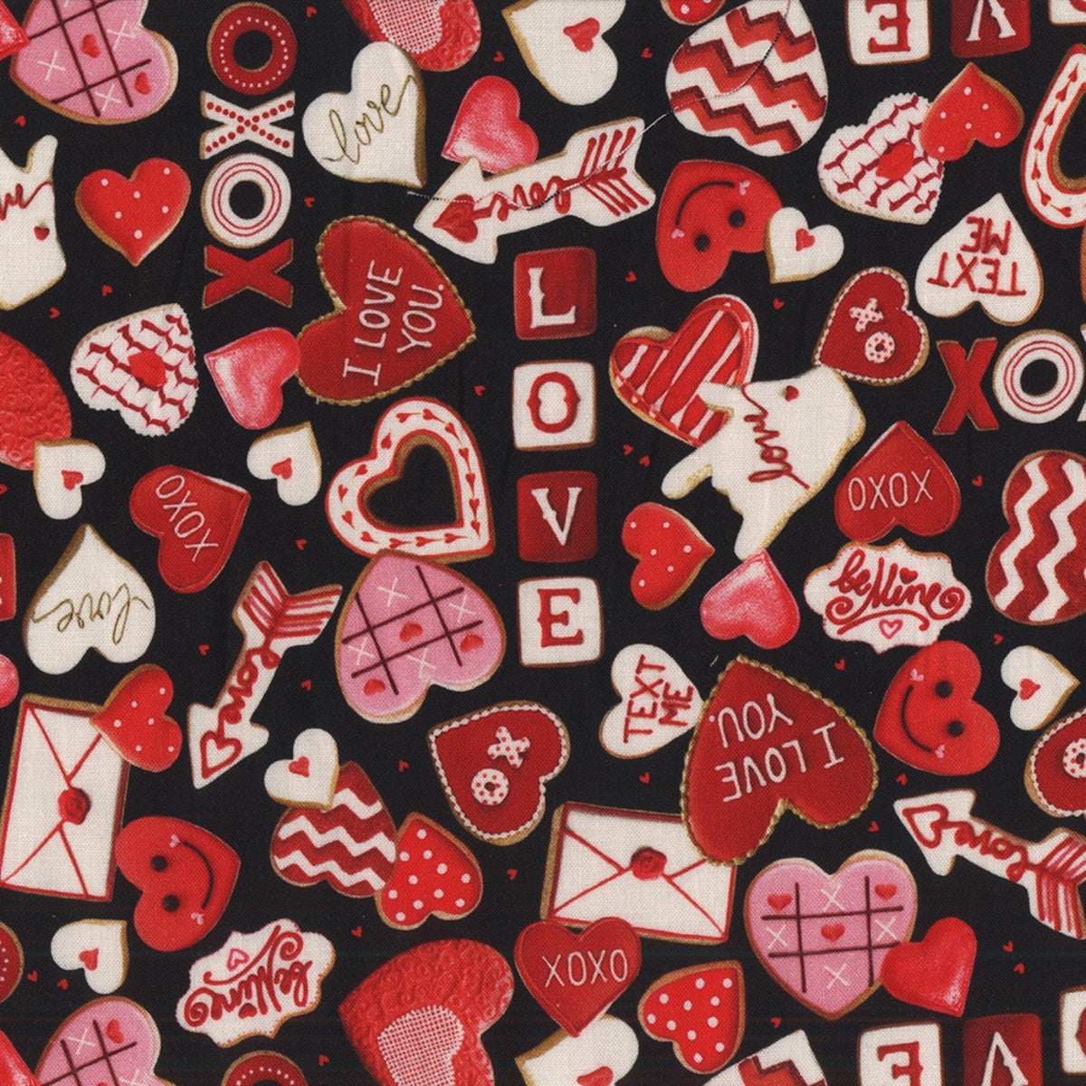A fabric featuring a pattern with Valentine's Day motifs including hearts, cookies, and love letters in red, pink, white, and black colors.