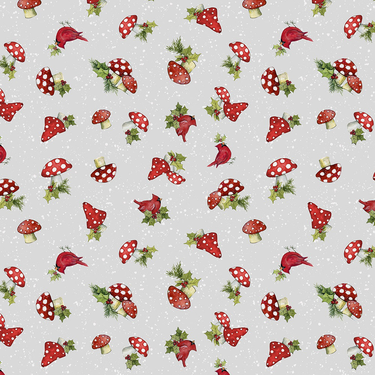 44 x 36 Baby It's Gnomes Out Tossed Mushrooms Grey Wilmington Prints 100% Cotton Christmas