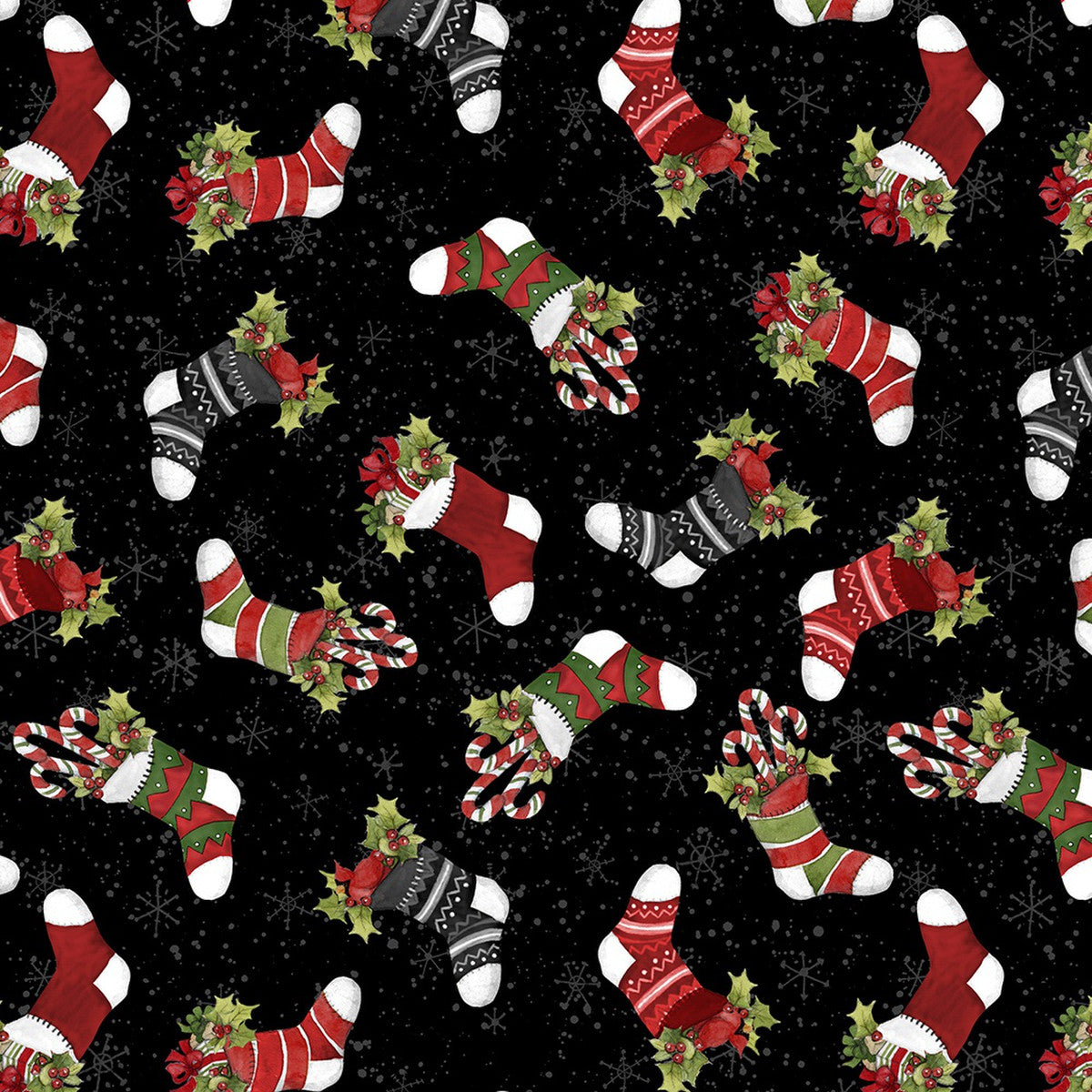 44 x 36 Baby It's Gnomes Out Tossed Stockings Black Wilmington Prints 100% Cotton Christmas
