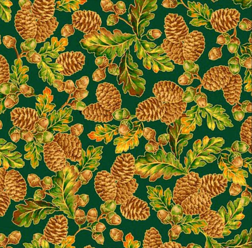 44 x 36 Acorns Pinecones Leaves On Forest Green Quilting Treasures 100% Cotton Thanksgiving
