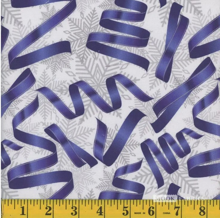 44 x 36 Blue Ribbons Silver Snowflakes Christmas 100% Cotton Fabric