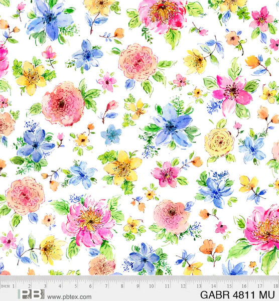 Bright Pink Blue Yellow Flowers on White 100% Cotton Fabric All Over Print