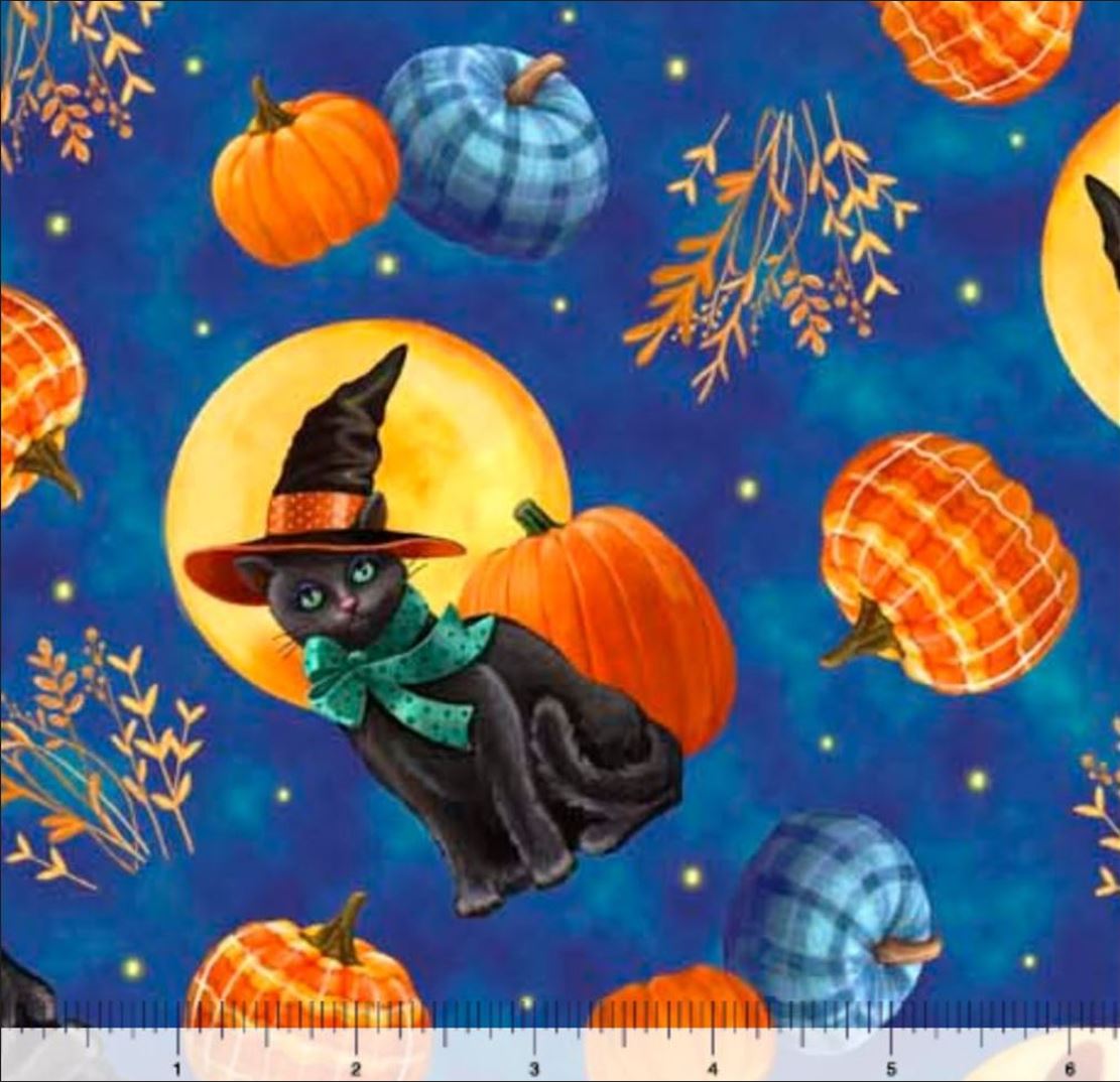 44 x 36 Cat and Pumpkin Toss On Blue Quilting Treasures 100% Cotton Halloween