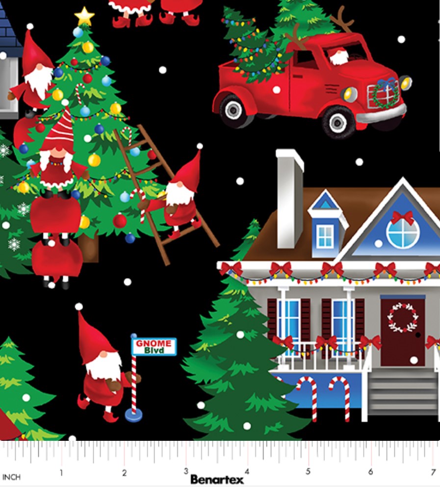 44 x 36 Christmas Gnome Sweet Gnome on Black Benartex 100% Cotton
