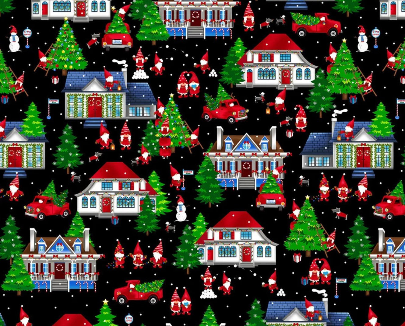 44 x 36 Christmas Gnome Sweet Gnome on Black Benartex 100% Cotton