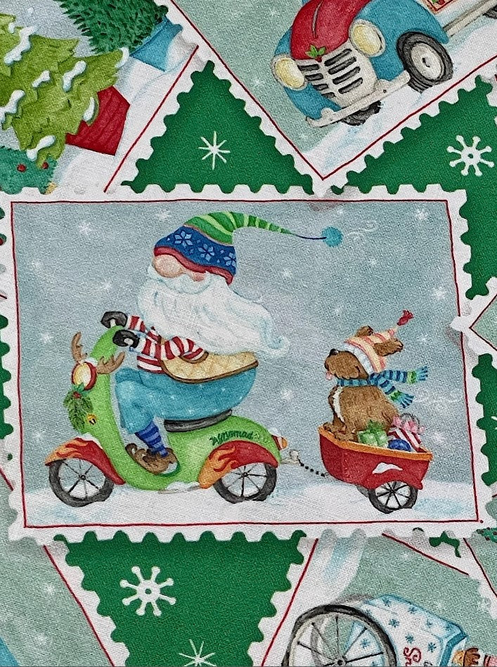 44 x 36 Christmas Gnomes Postcard Toss on Green 100% Cotton Fabric