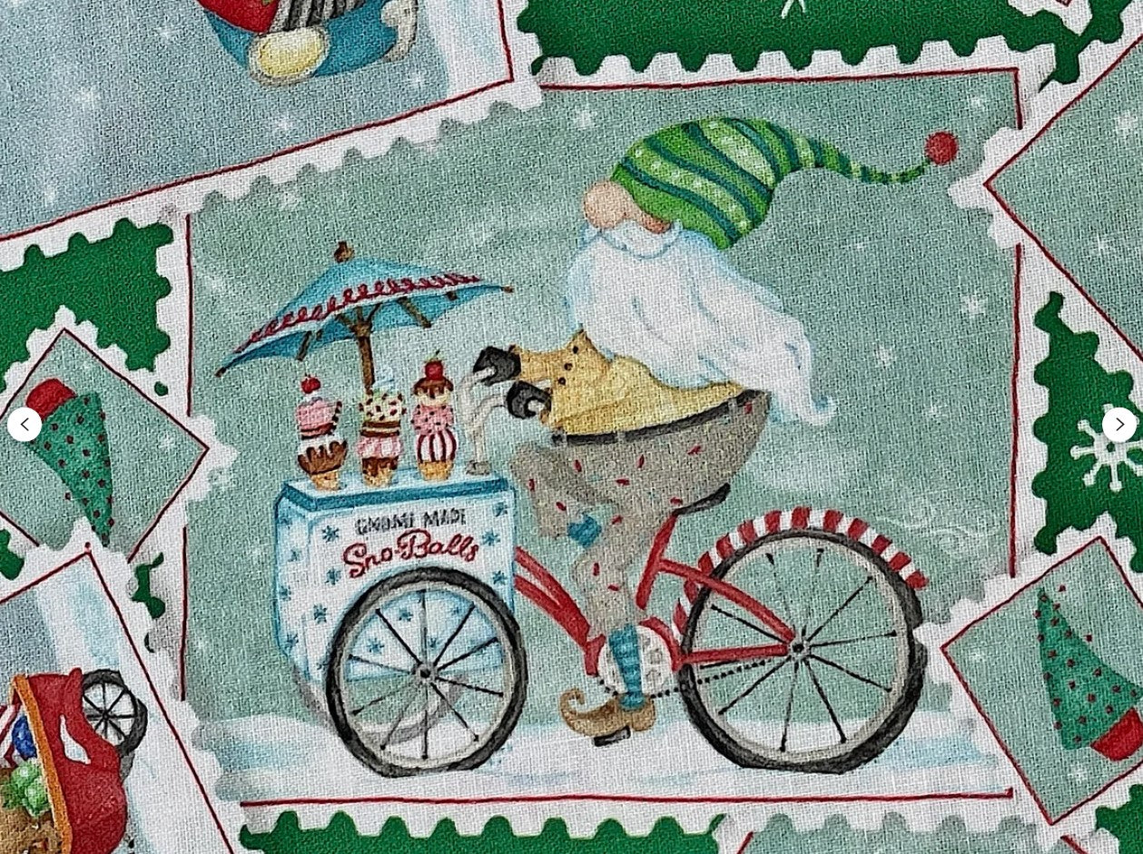 44 x 36 Christmas Gnomes Postcard Toss on Green 100% Cotton Fabric