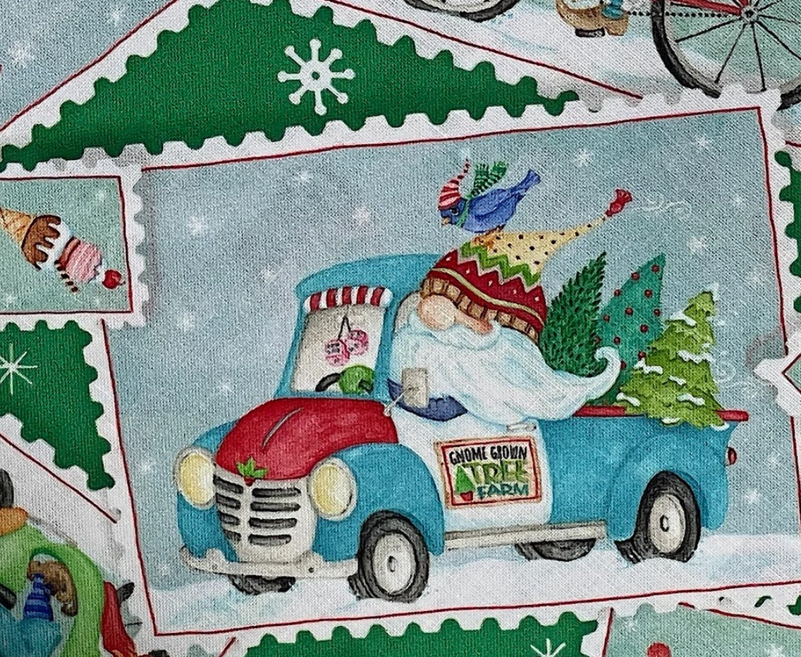 44 x 36 Christmas Gnomes Postcard Toss on Green 100% Cotton Fabric