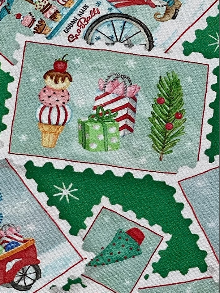 44 x 36 Christmas Gnomes Postcard Toss on Green 100% Cotton Fabric