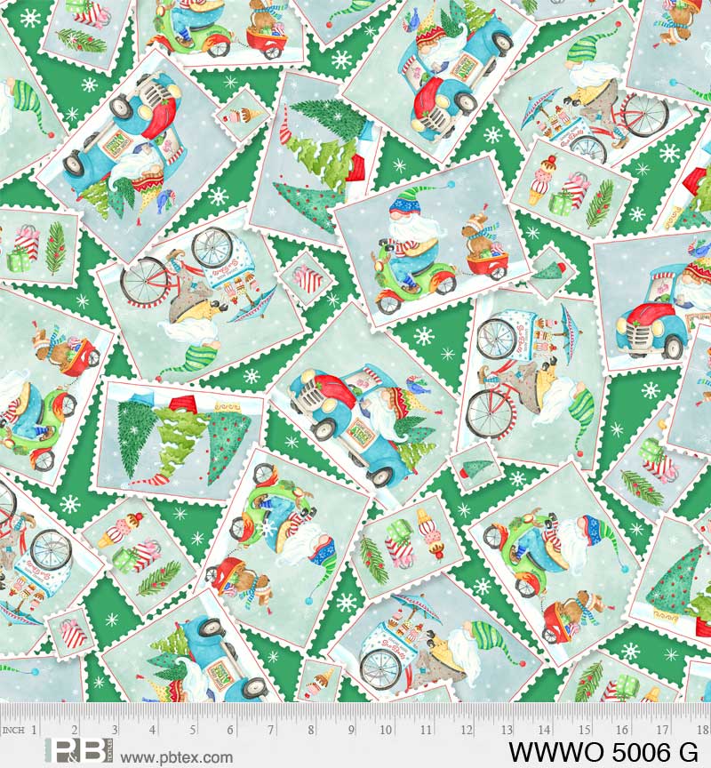 44 x 36 Christmas Gnomes Postcard Toss on Green 100% Cotton Fabric