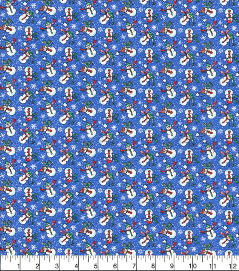 44 x 36 Christmas Mini Snowmen on Blue Glitter Fabric Traditions 100% Cotton