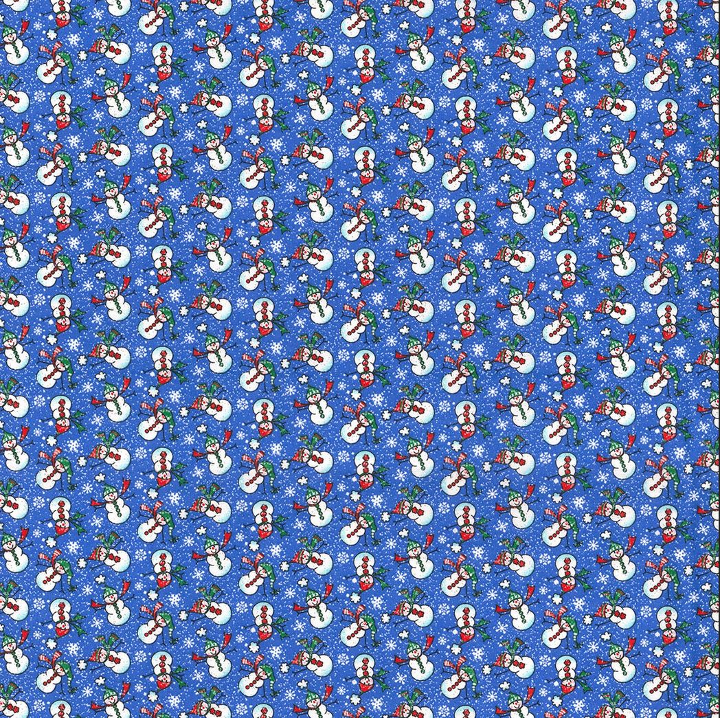 44 x 36 Christmas Mini Snowmen on Blue Glitter Fabric Traditions 100% Cotton