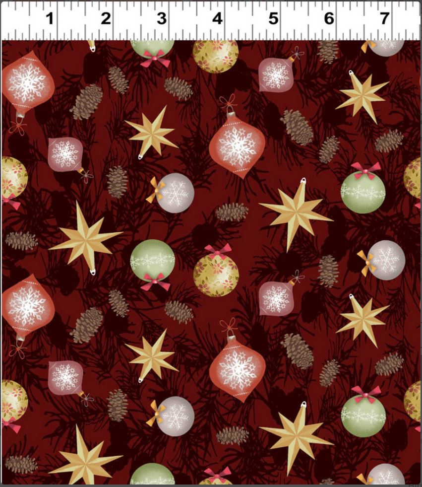 44 x 36 Christmas Ornaments on Wine 100% Cotton