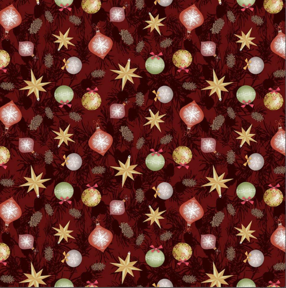 44 x 36 Christmas Ornaments on Wine 100% Cotton