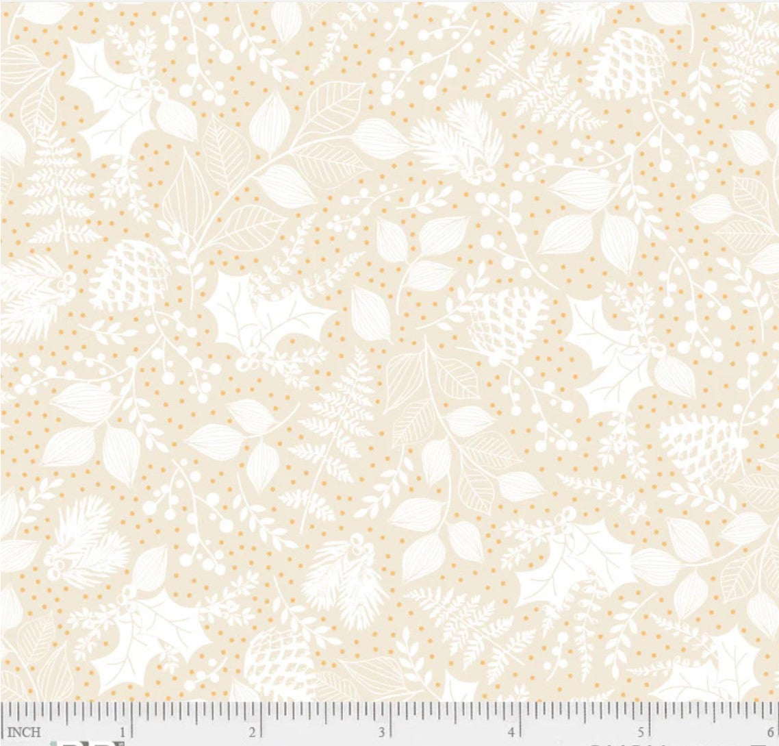 44 x 36 Christmas Pinecones Leaves Dots on Cream 100% Cotton Fabric