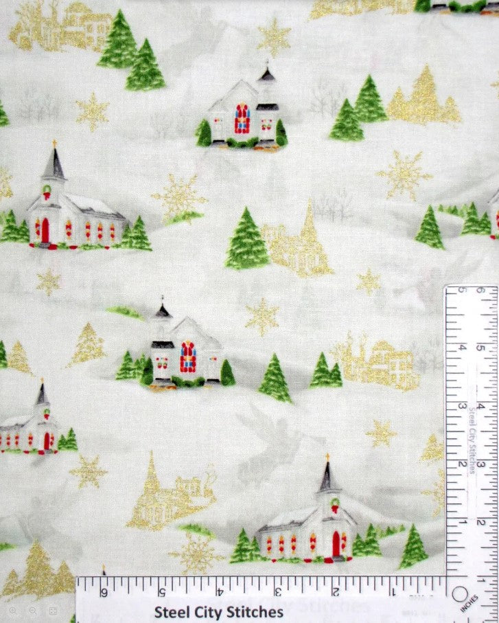 44 x 36 Christmas Snow Village on Ivory 100% Cotton Fabric