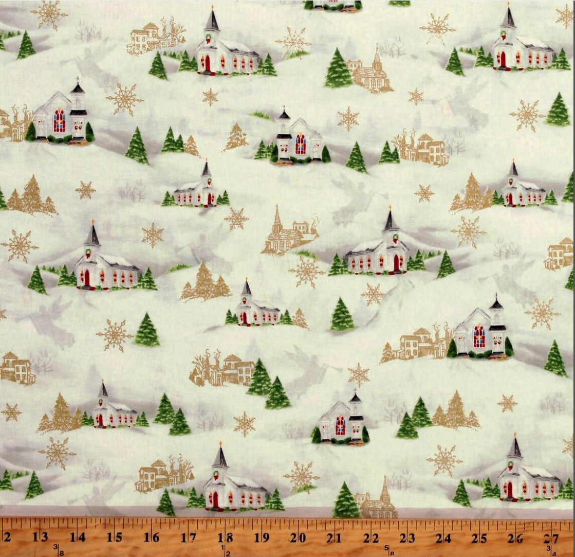 44 x 36 Christmas Snow Village on Ivory 100% Cotton Fabric