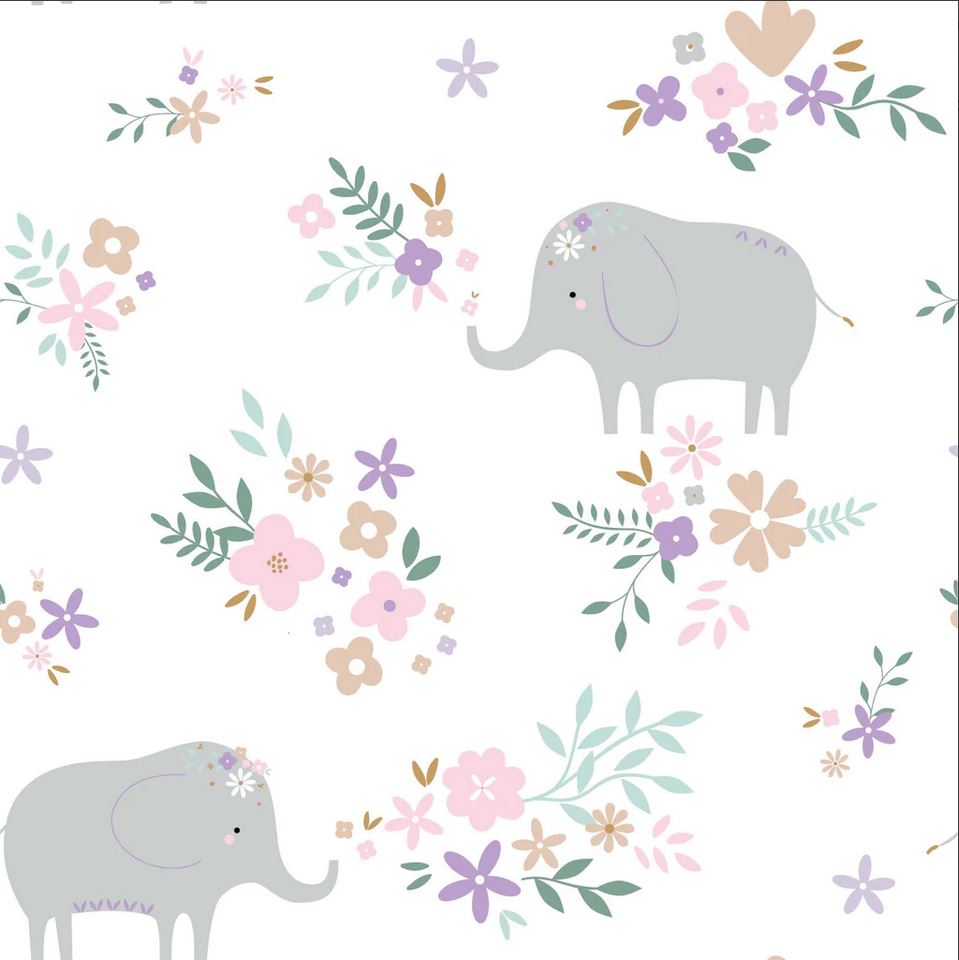 44 x 36 Cotton FLANNEL Elephants and Floral on White Baby 100% Cotton