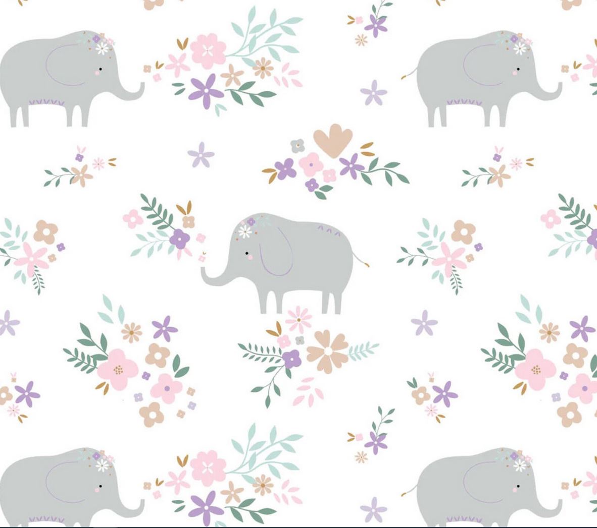 44 x 36 Cotton FLANNEL Elephants and Floral on White Baby 100% Cotton