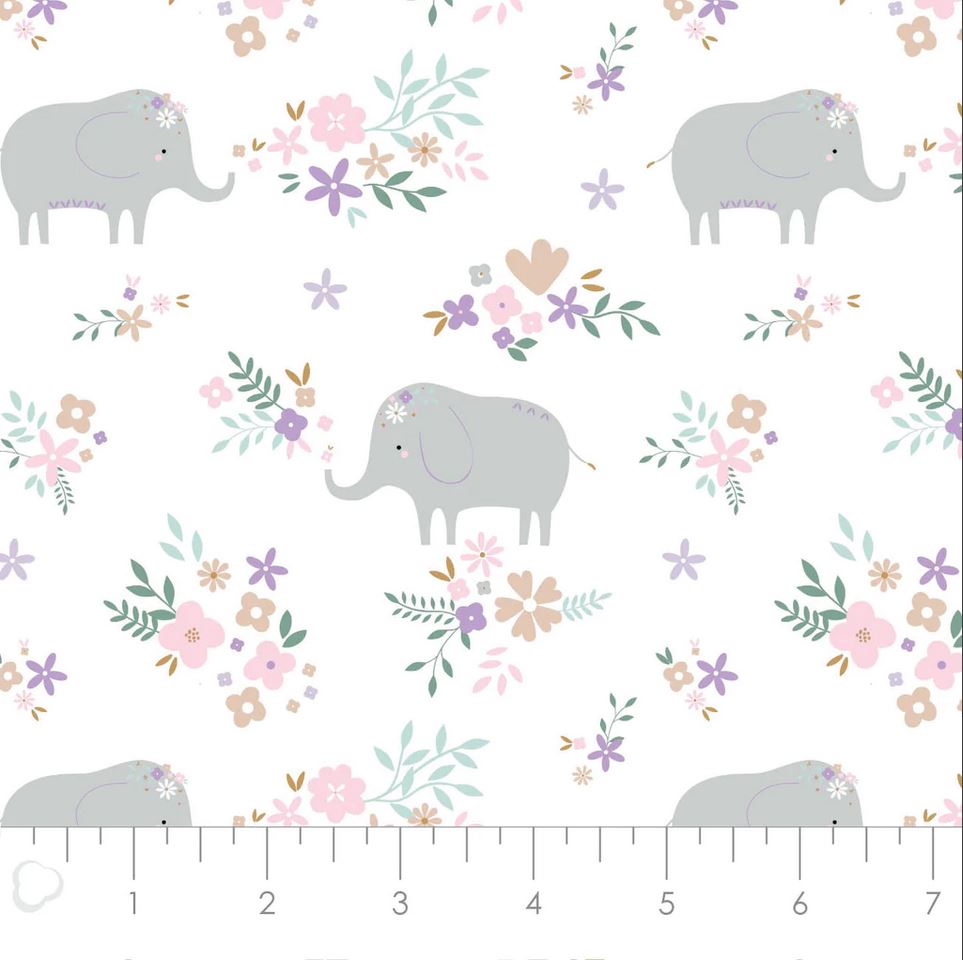 44 x 36 Cotton FLANNEL Elephants and Floral on White Baby 100% Cotton