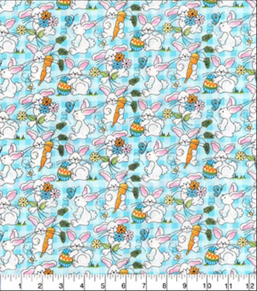 Fabric Traditions Easter Bunnies on Light Blue Plaid 100% Cotton Price per Yard