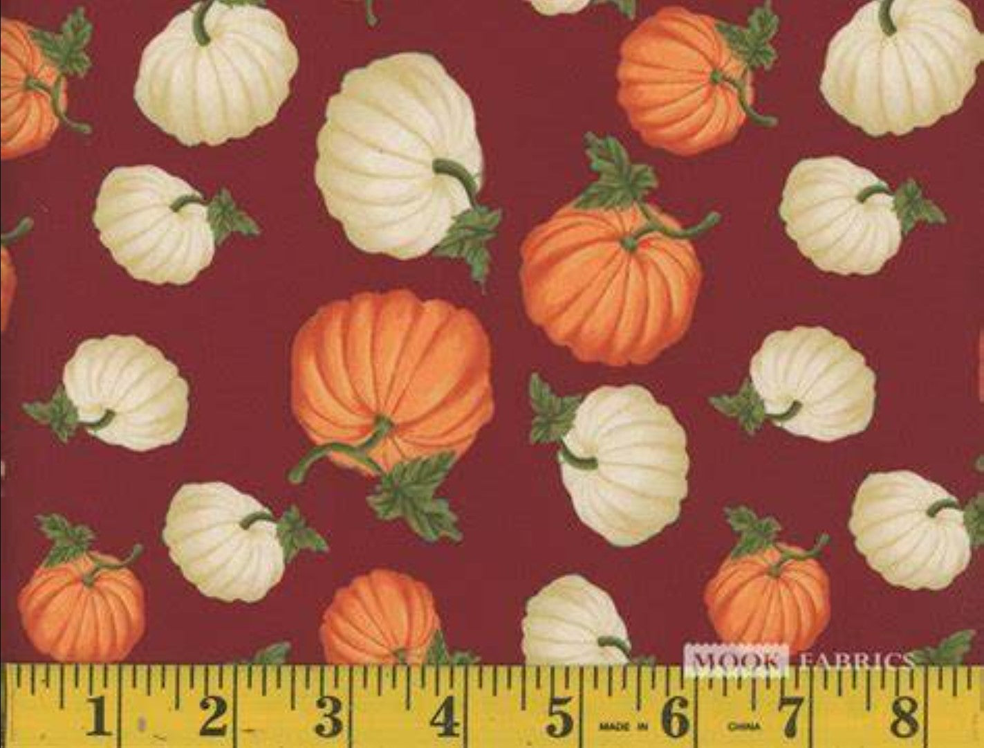 Mook Fabrics Thanksgiving Fall Autumn Pumpkins on Burgundy 100% Cotton Fabric By the yard