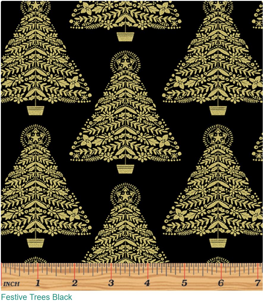 44 x 36 Festive Trees on Black Benartex Christmas Metallic 100% Cotton Fabric