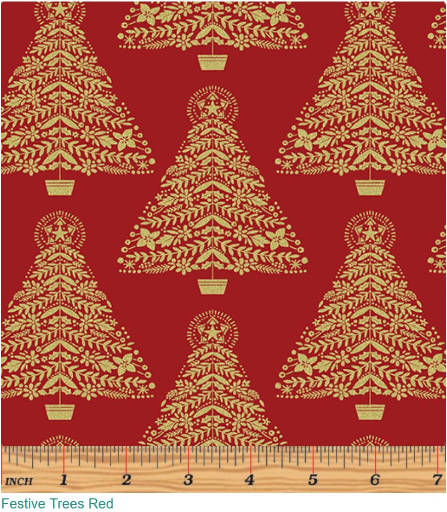 44 x 36 Festive Trees on Red Benartex Christmas Metallic 100% Cotton Fabric