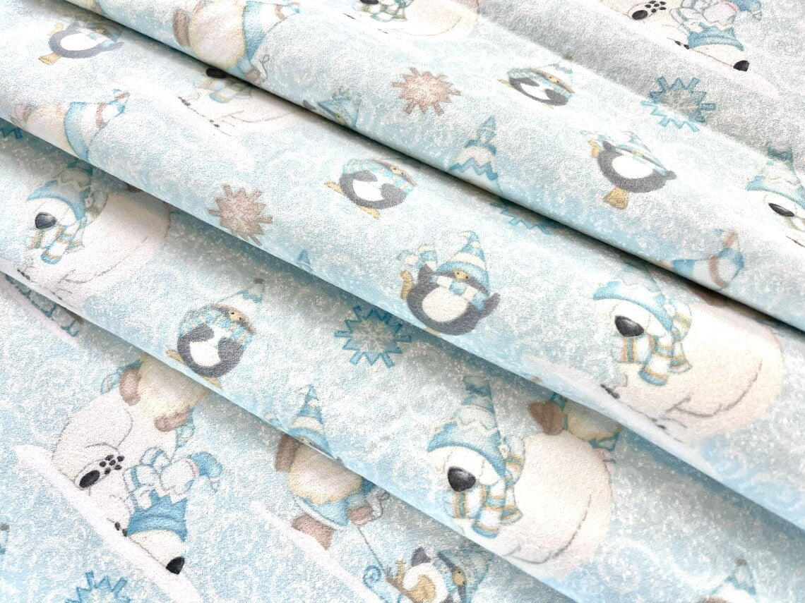 44 x 36 Flannel Polar Bear Penquin Gnomes I Love Sn’Gnomies Aqua Blue Henry Glass Christmas 100% Cotton