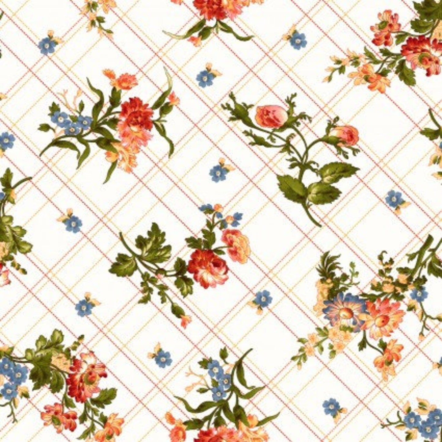 44 x 36 Floral Belle Epoque Bias Plaid Floral on Cream 100% Cotton
