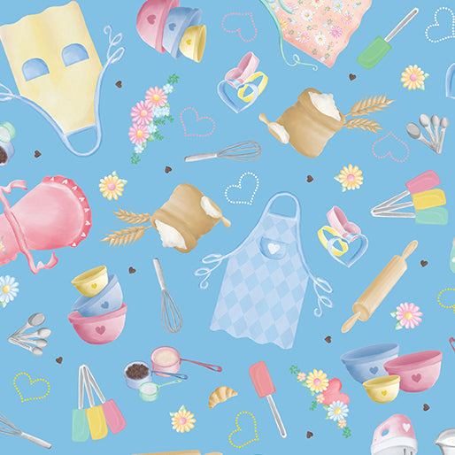 Benartex Novelty Gnomebody Bakes it Better Time to Bake on Blue 100% Cotton Price per Yard