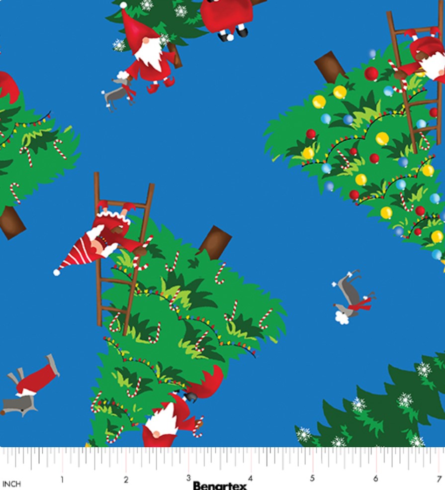 44 x 36 Gnomes Christmas Trees on Dark Blue Benartex 100% Cotton