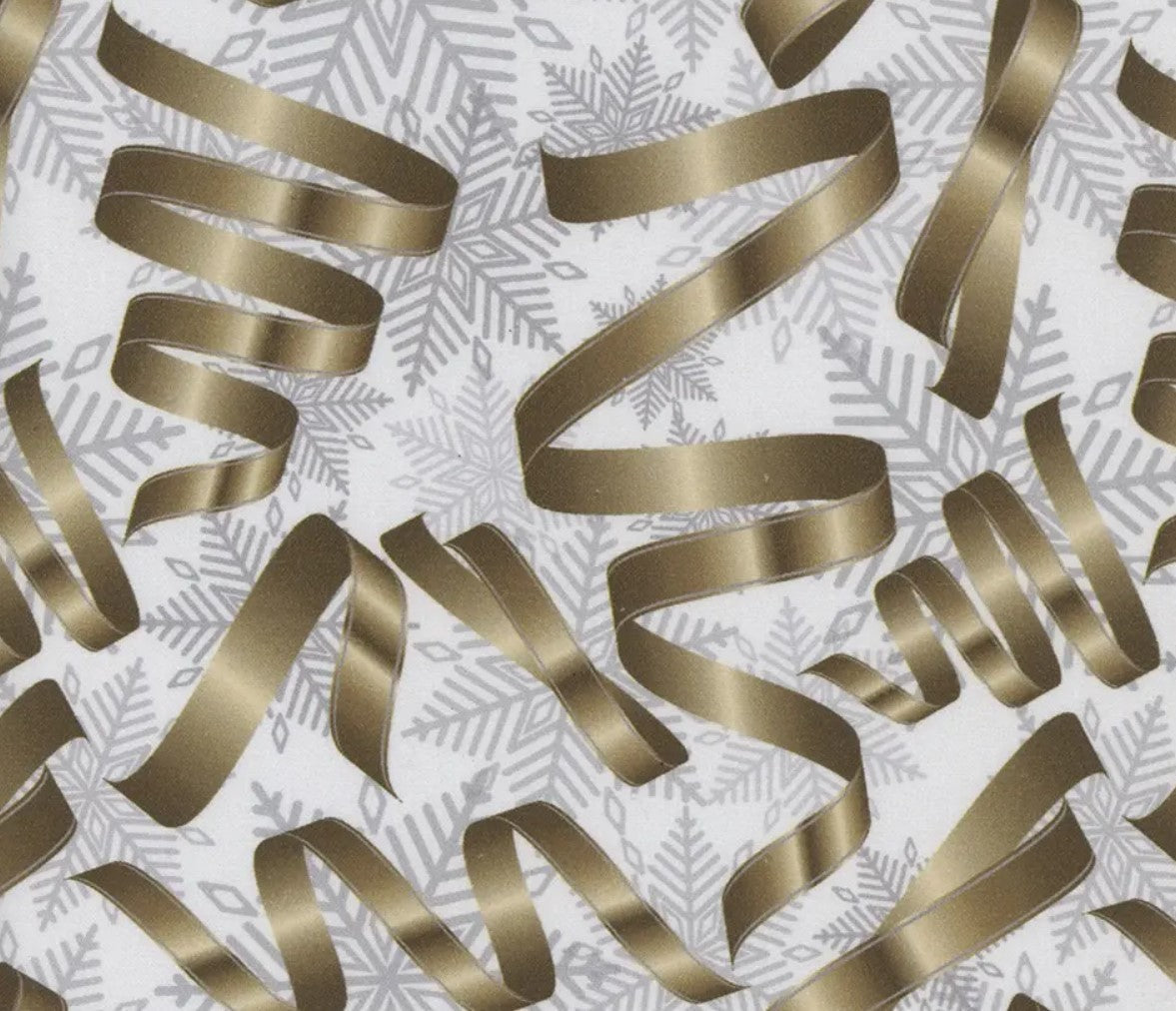 Mook Fabrics Christmas Gold Ribbons Silver Snowflakes 100% Cotton Fabric By the yard