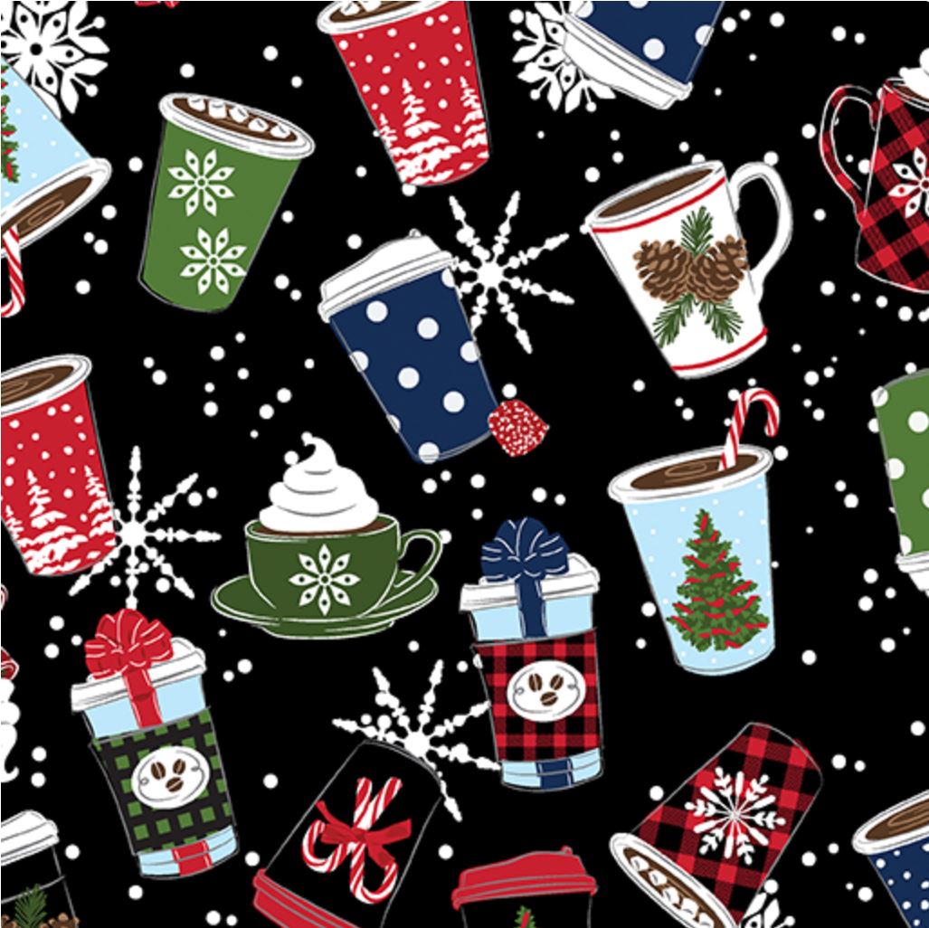 Benartex Christmas Holiday Drinks on Black 100% Cotton Fabric Price per Yard