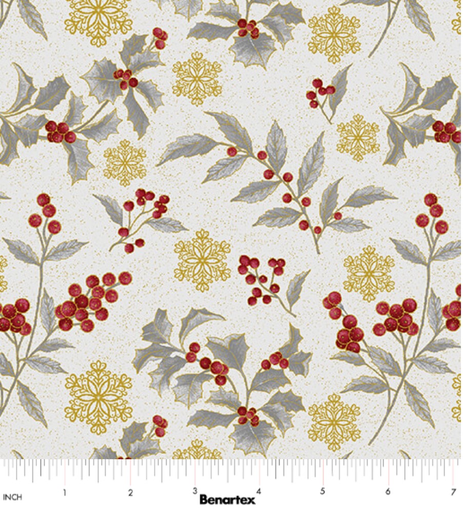 44 x 36 Holly Toss on Grey Benartex Christmas Metallic 100% Cotton Fabric