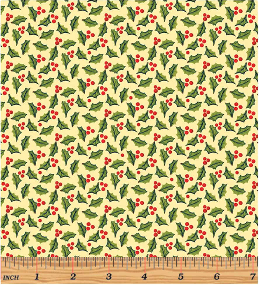 44 x 36 Jolly Holly and Berries on Butter Yellow Christmas Benartex 100% Cotton