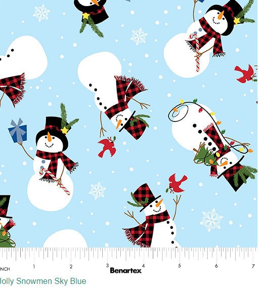 44 x 36 Jolly Snowmen on Light Blue Benartex Christmas 100% Cotton Fabric