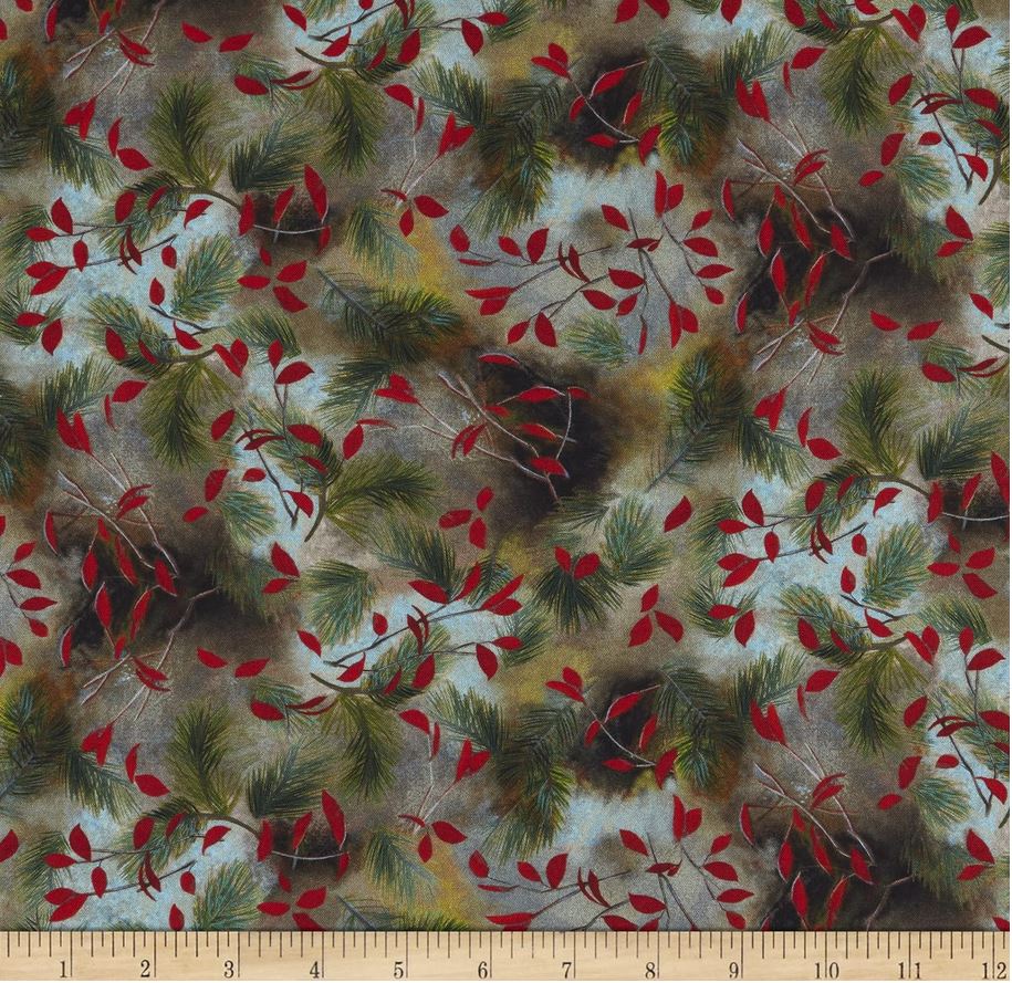 44 x 36 Leaf Vine on Grey Timberland Bears Quilting Treasures 100% Cotton Christmas