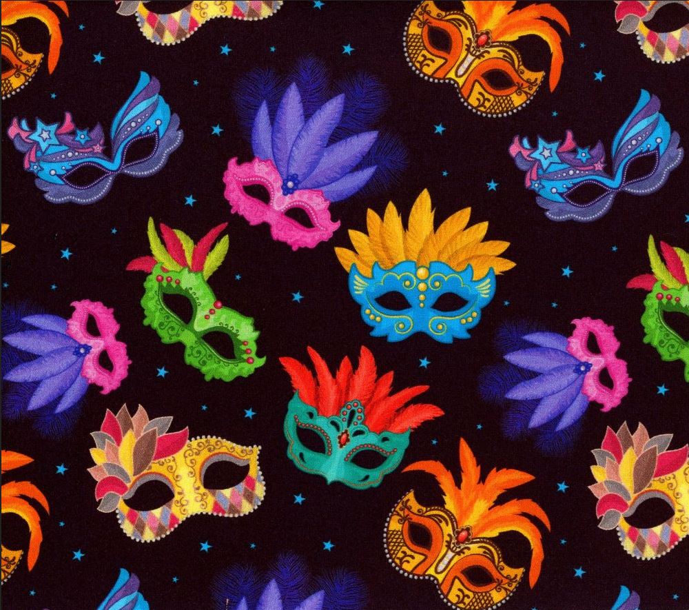 44 x 36 Mardi Gras masks on Black 100% Cotton Digital All Over Print