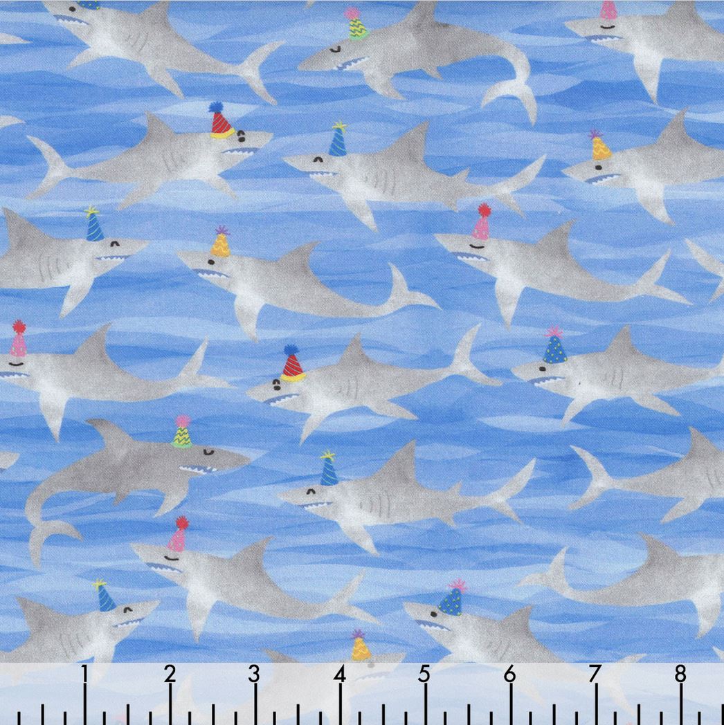44 x 36 Party Animal Sharks on Blue Timeless Treasures 100% Cotton Fabric Novelty