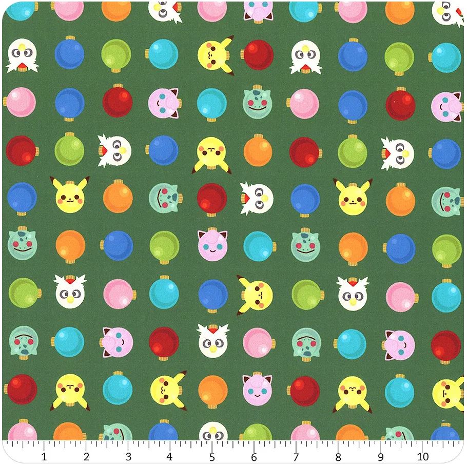 44 x 36 Pikachu's Holiday by Pokemon Pikachu Ornaments Green Christmas Fabric Robert Kaufman 100% Cotton
