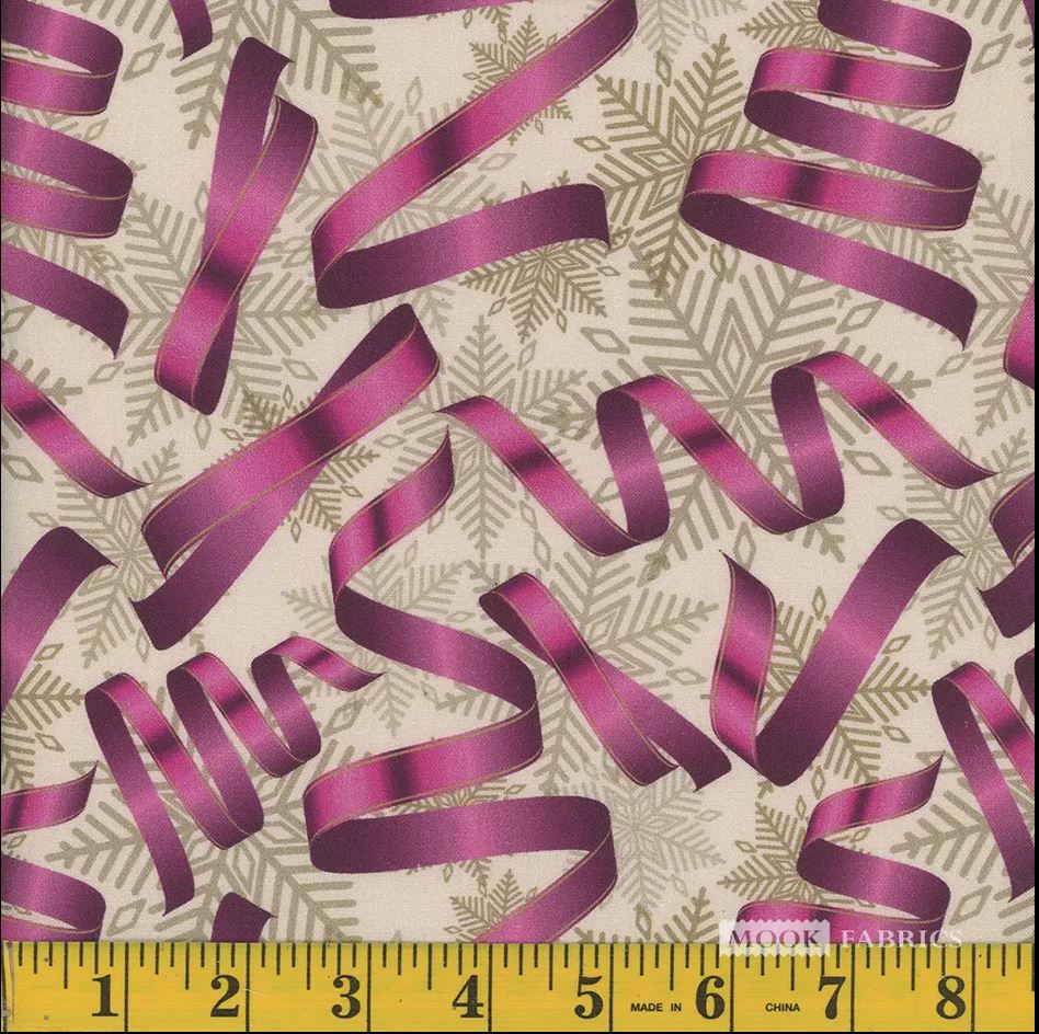 Mook Fabrics Christmas Pink Ribbons Silver Snowflakes 100% Cotton Fabric By the yard