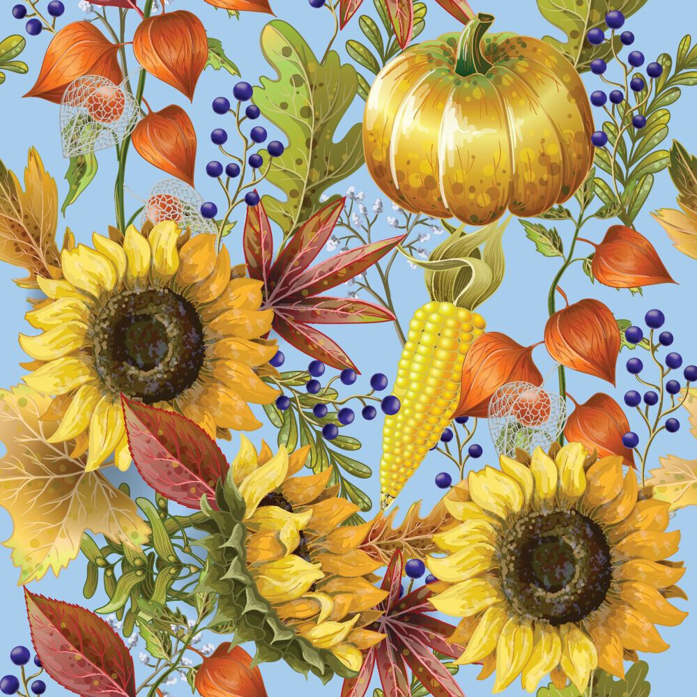 44 x 36 Pumpkins and Sunflowers on Light Blue Fall Autumn Thanksgiving 100% Cotton Fabric